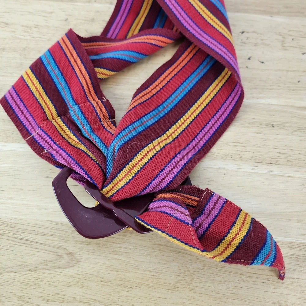 Vintage Rainbow Stripe‎ Fabric Belt Red Round Double Buckle Cotton Boho One Size